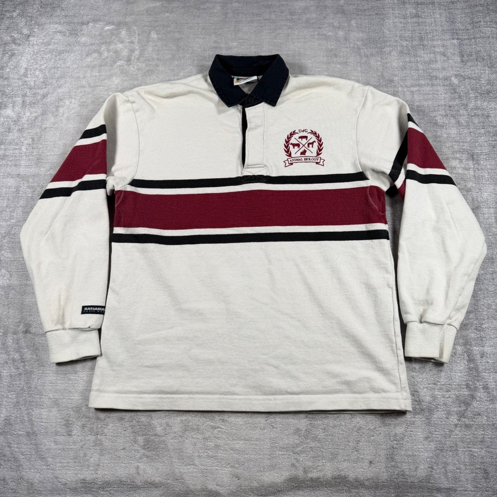 Barbarian Rugby Shirt Mens Large Cream Striped Vintage Animal Biology Collegiate
